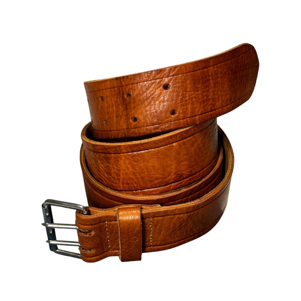 Mens Brown Full Grain Leather Belt Double Prong Buckle Wide Strap Cognac
